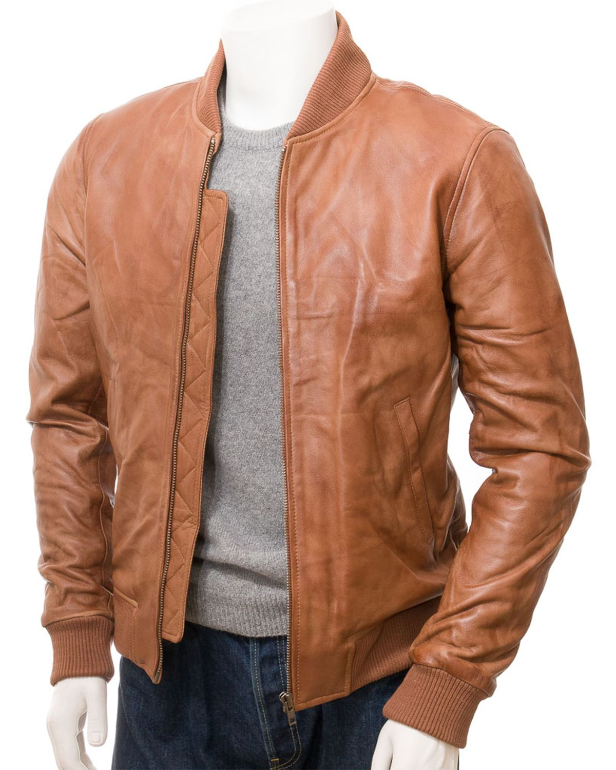 Men's Ribbed Cuffs Tan Brown Bomber Real Leather Jacket