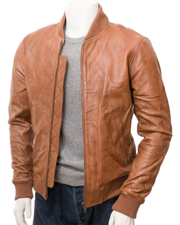 Men's Ribbed Cuffs Tan Brown Bomber Real Leather Jacket