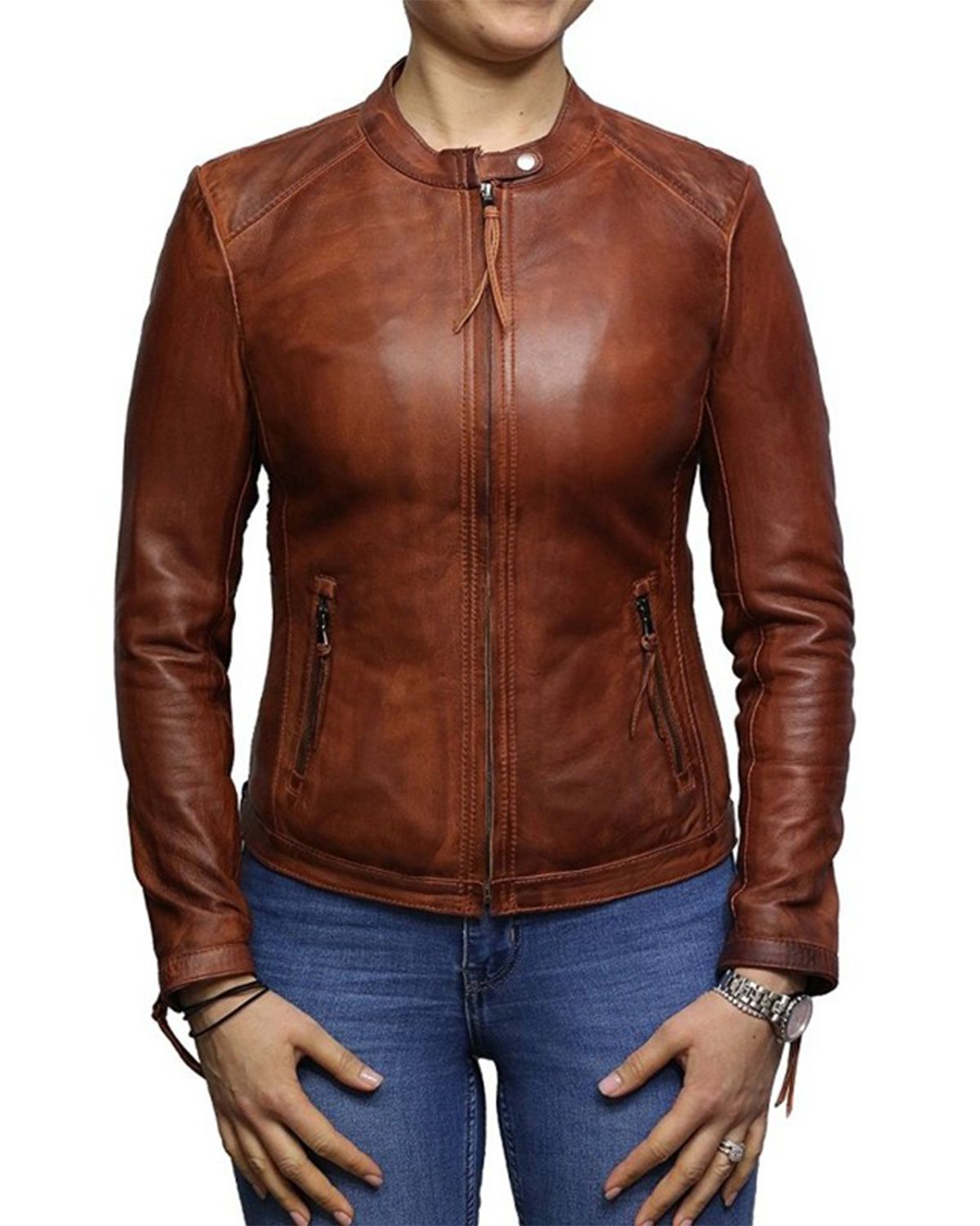 Women's Waxed Brown Biker Real Sheepskin Leather Jacket