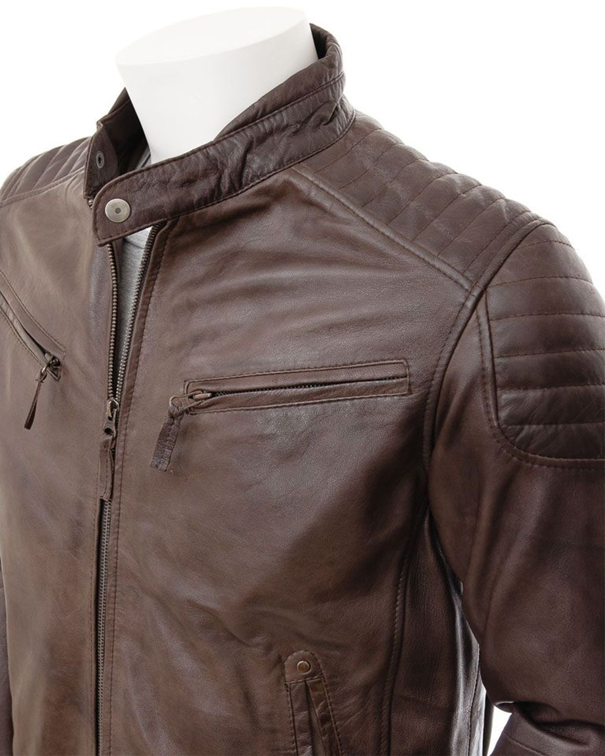 Men's Quilted Shoulder Classic Cafe Racer Motorcycle Jacket