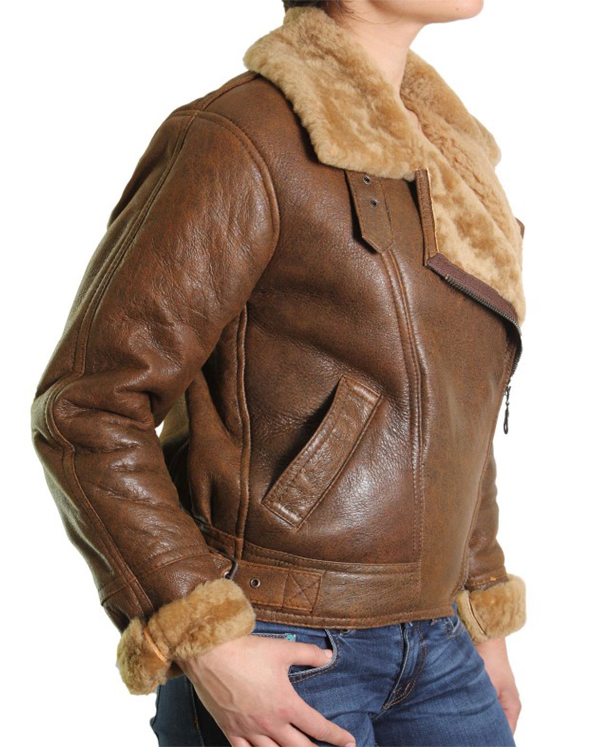 Womens Fur Shearling Flying Bomber Aviator Jacket