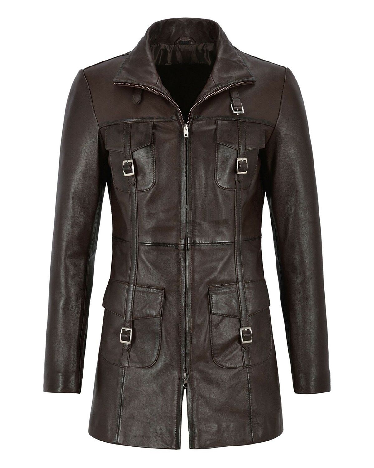 Women's Gothic Style Mid Length Real Sheepskin Leather Coat