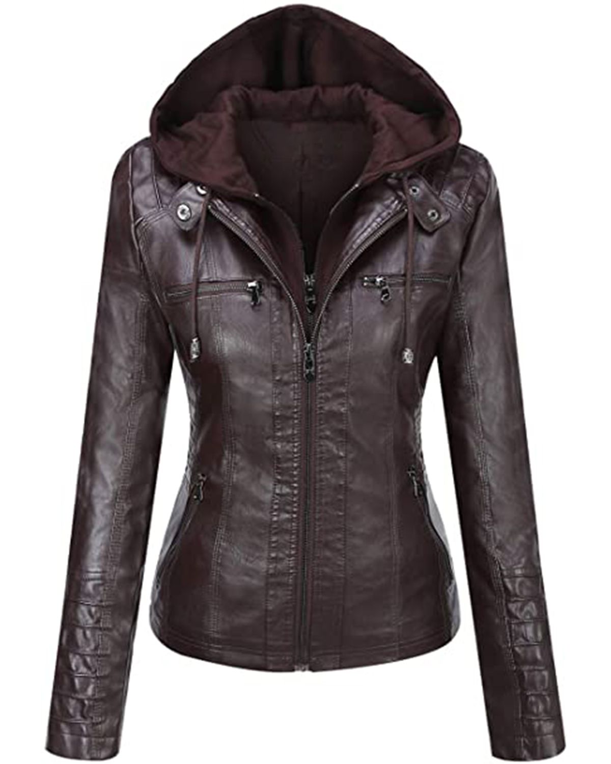 Women's Removable Hood Slim Fit Biker Real Leather Jacket