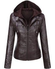 Women's Removable Hood Slim Fit Biker Real Leather Jacket