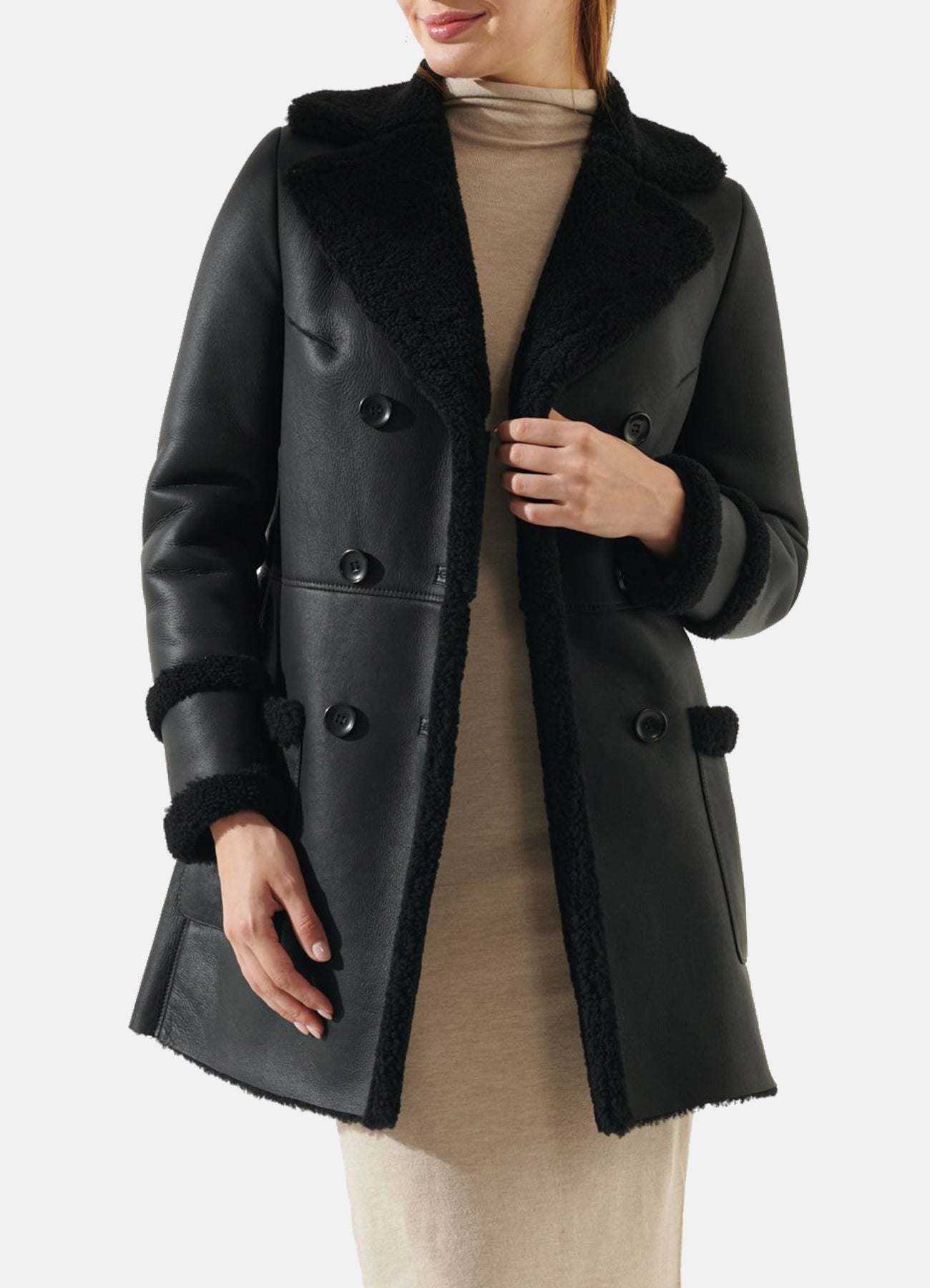 Womens Jet Black Shearling Leather Coat