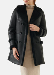 Womens Jet Black Shearling Leather Coat