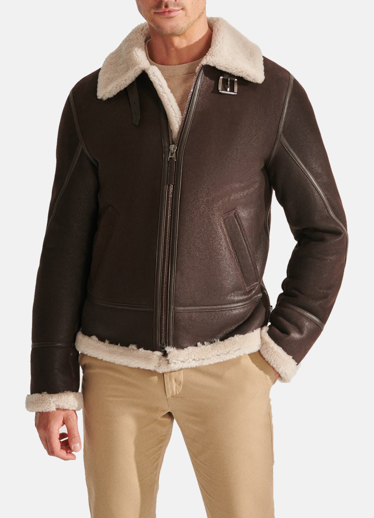 Mens Chocolate Brown Shearling Leather Jacket