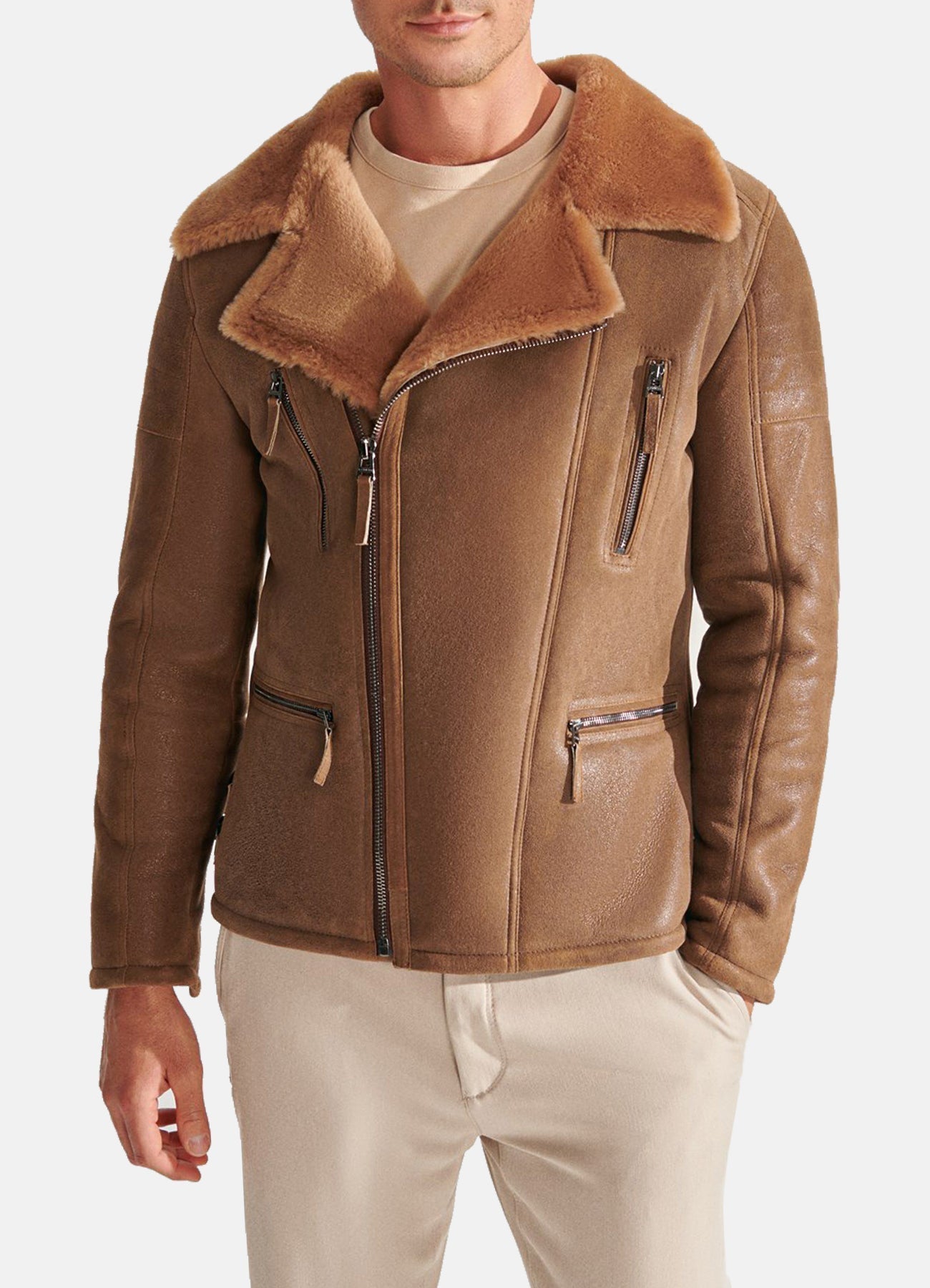 Mens Soft Tan Shearling Leather Jacket