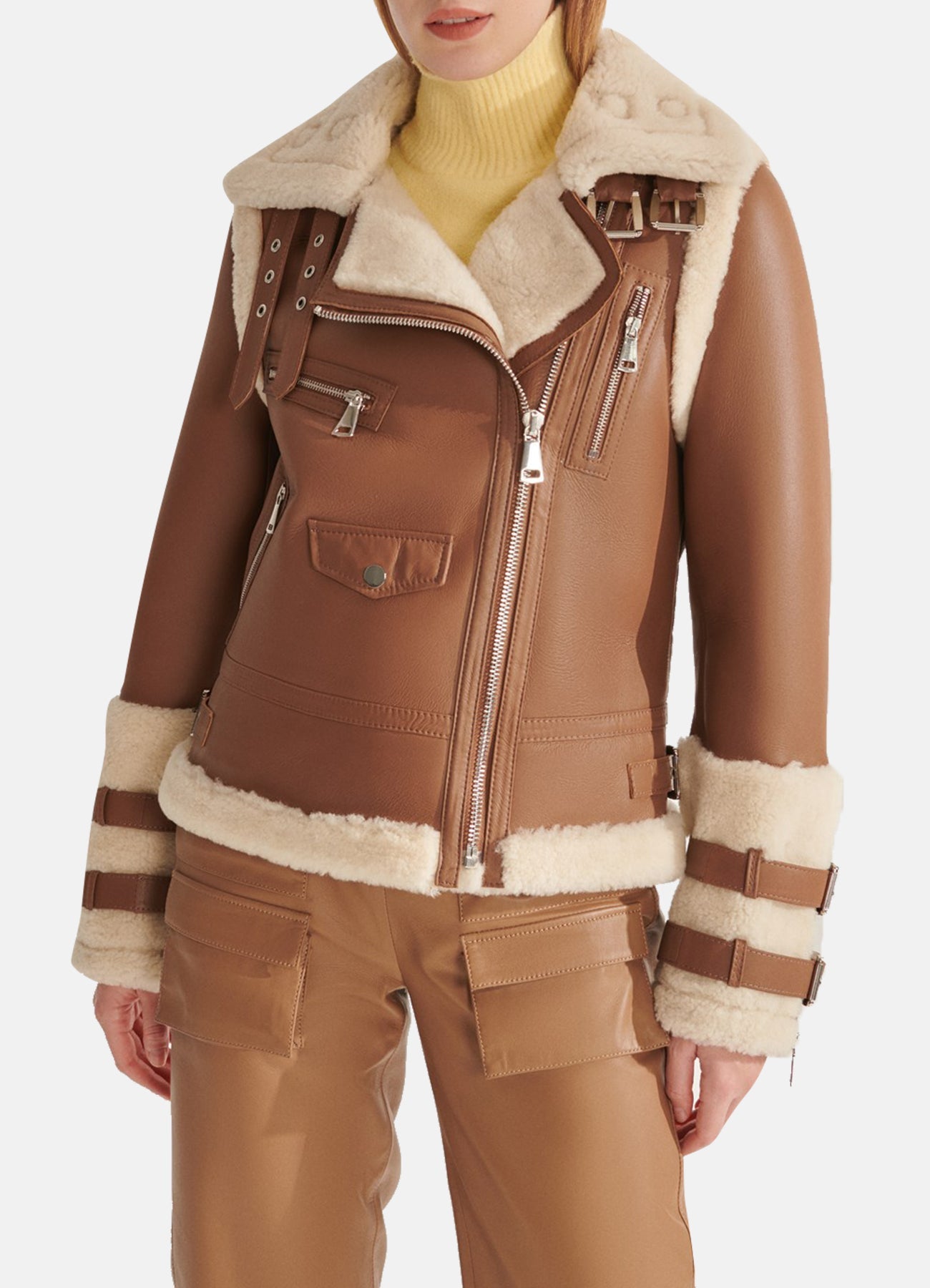 Womens Sports Brown Shearling Leather Jacket