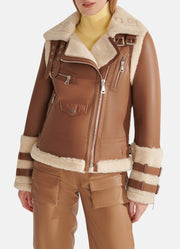 Womens Sports Brown Shearling Leather Jacket