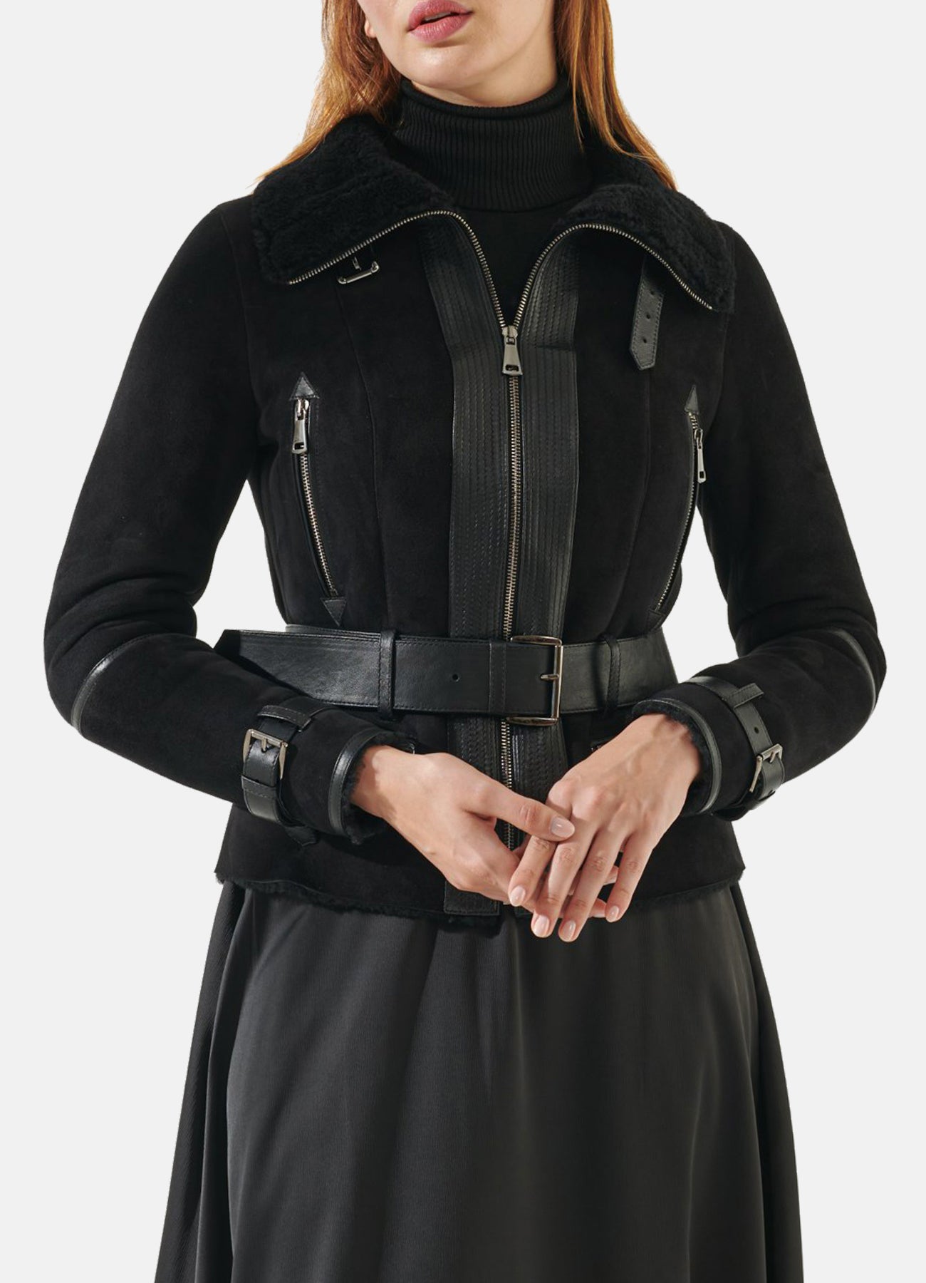 Womens Jet Black Suede Shearling Leather Jacket