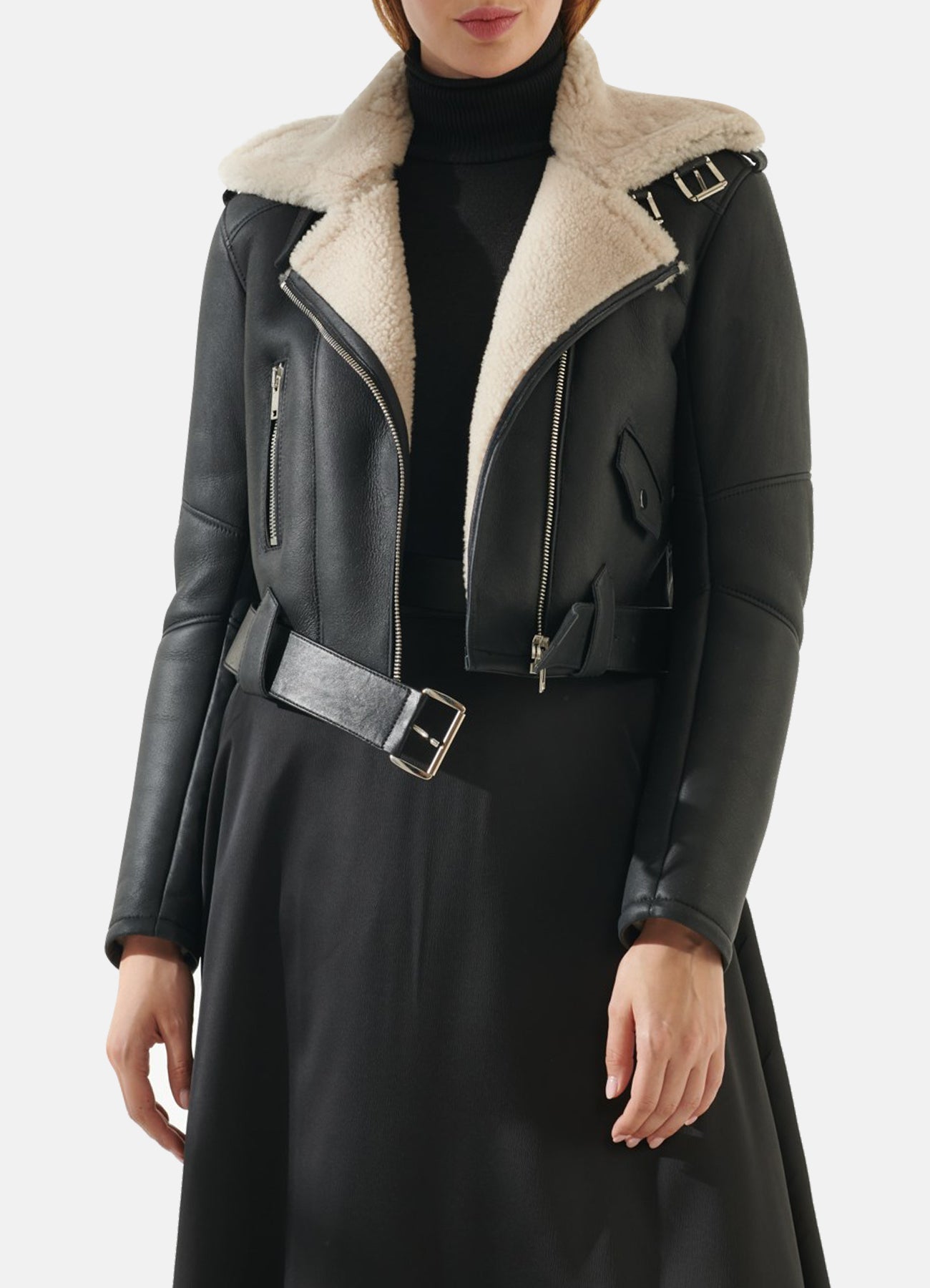 Womens Black Short Length Shearling Leather Jacket