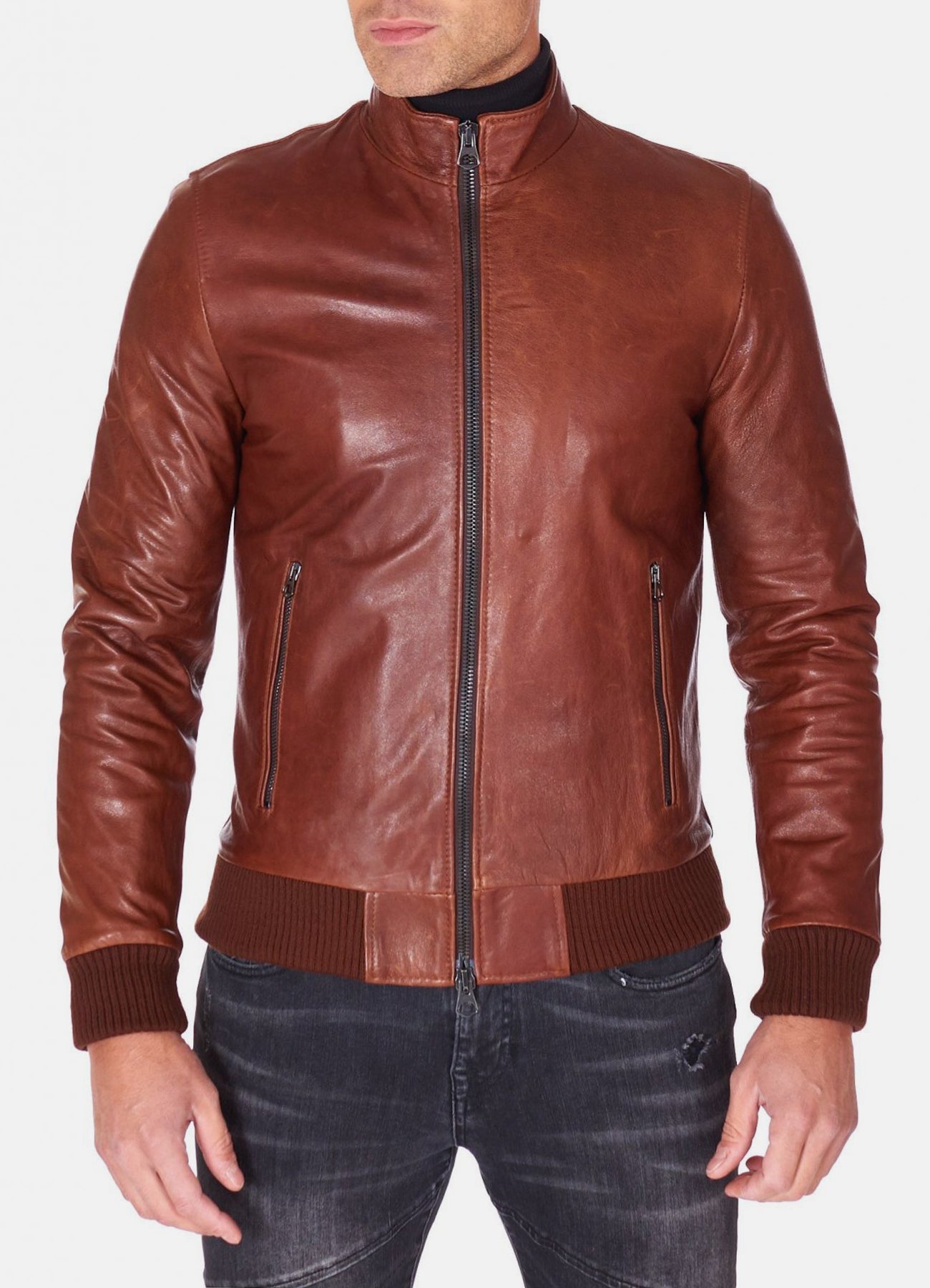 Mens Shiny Brown Bomber Leather Jacket