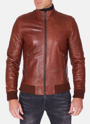 Mens Shiny Brown Bomber Leather Jacket