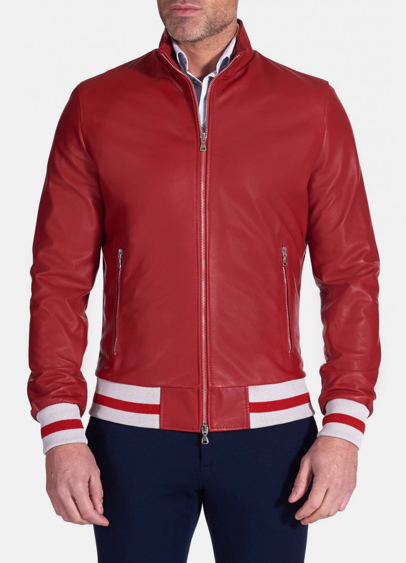 Mens Authentic Red Bomber Leather Jacket