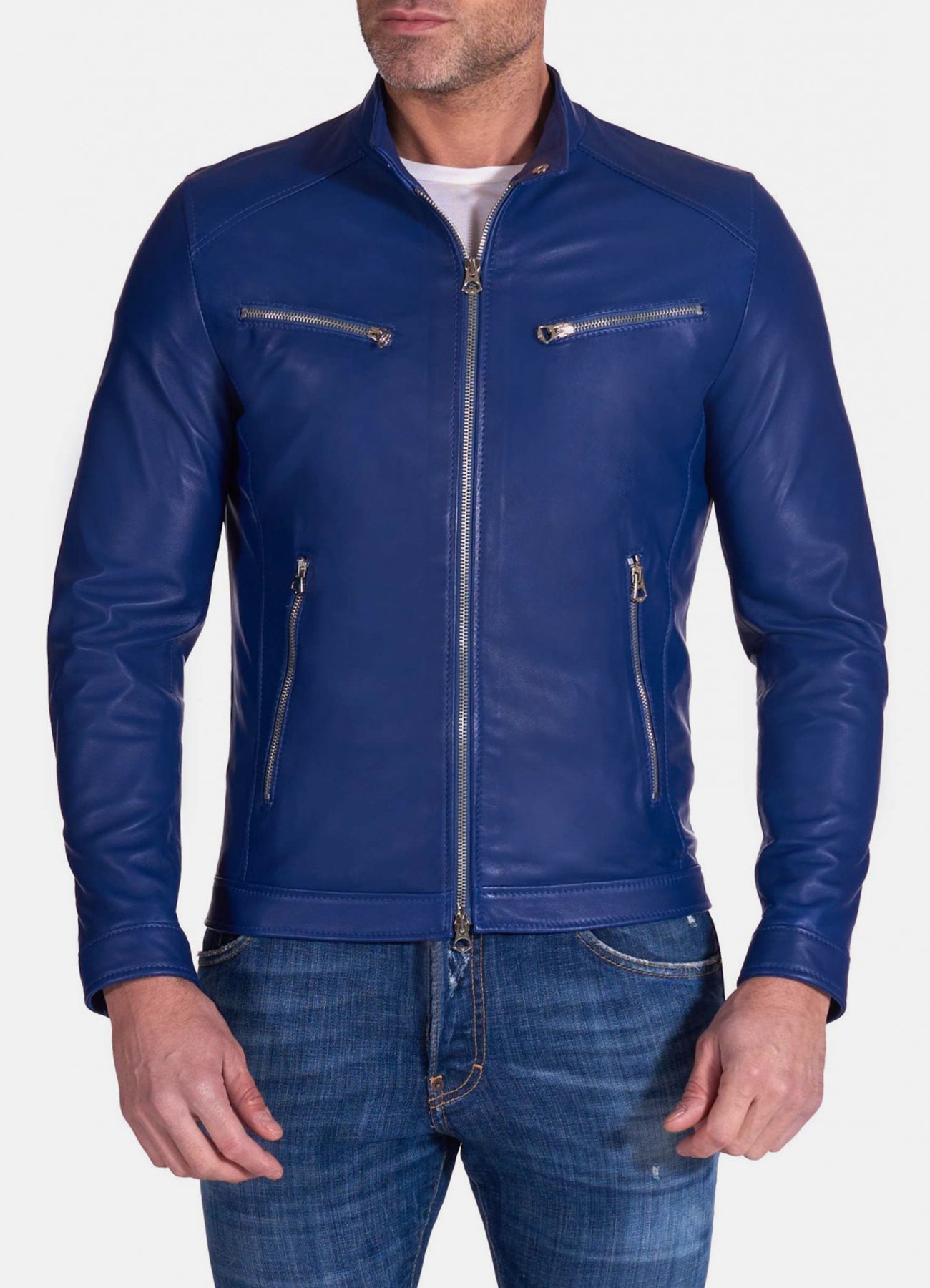 Mens Ink Blue Biker Leather Jacket