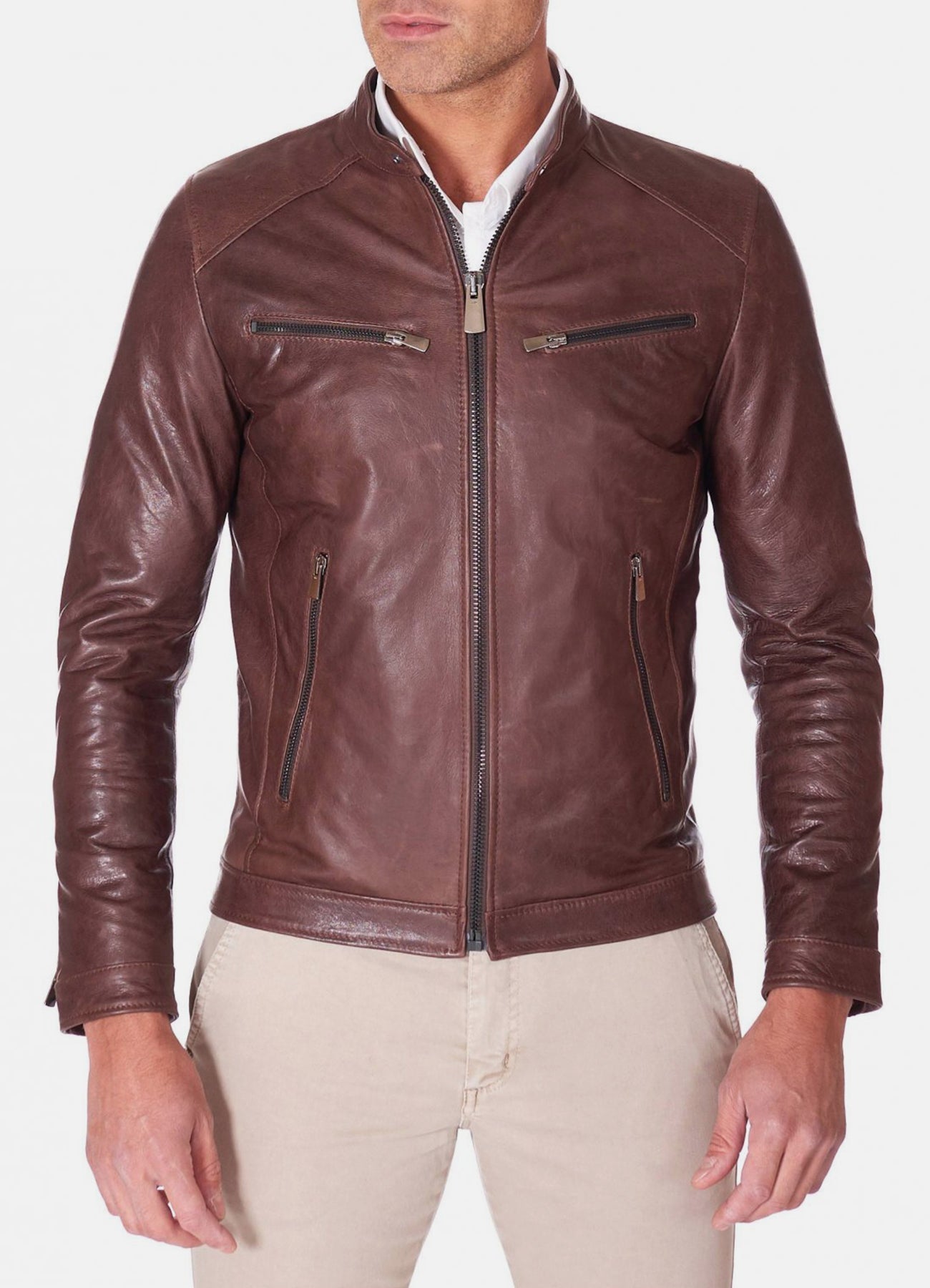 Mens Casual Style Brown Biker Leather Jacket