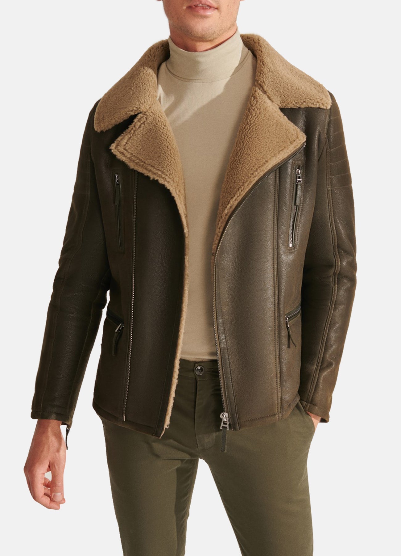 Mens Casual Moss Green Shearling Leather Jacket