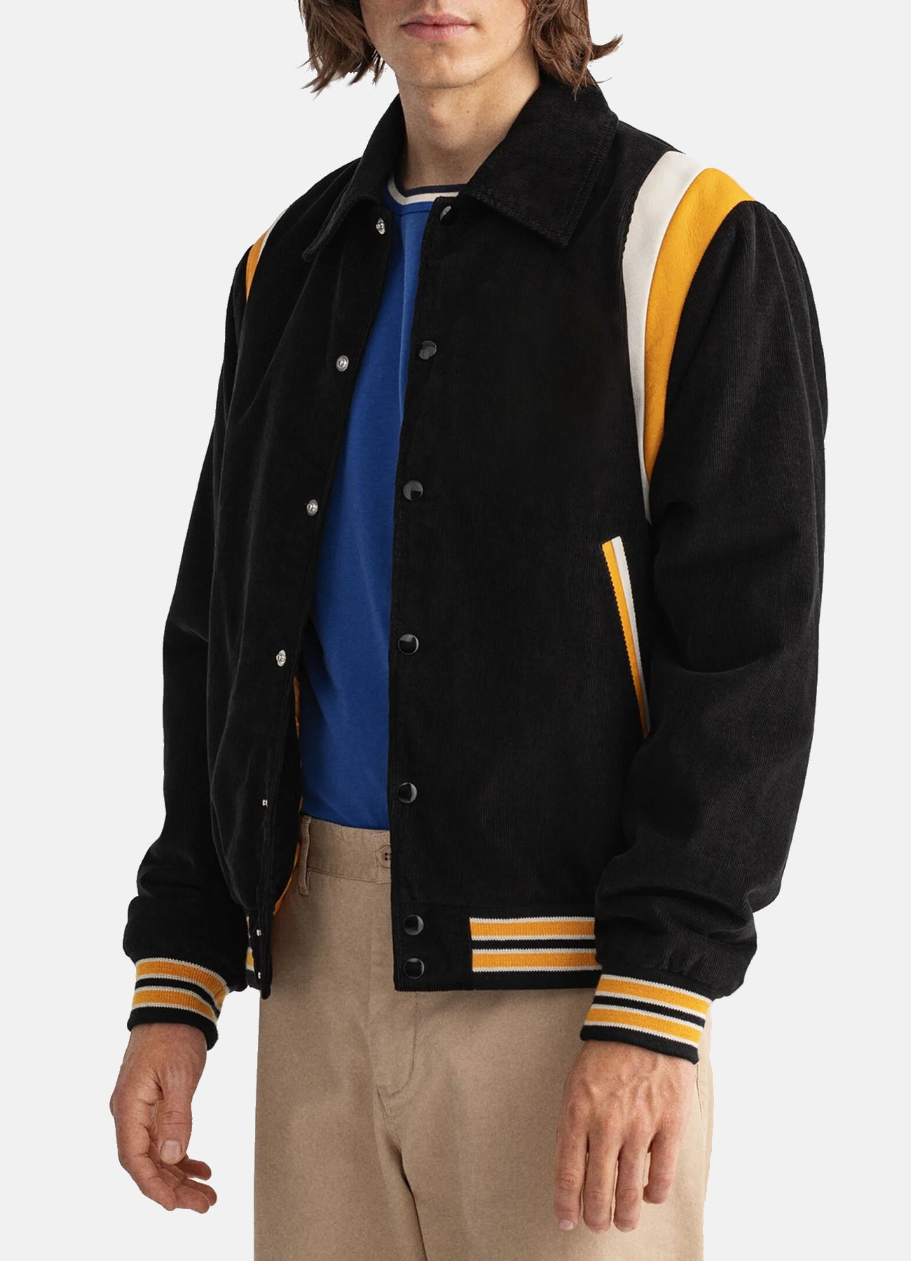 Mens Jet Black Corduroy Varsity Jacket