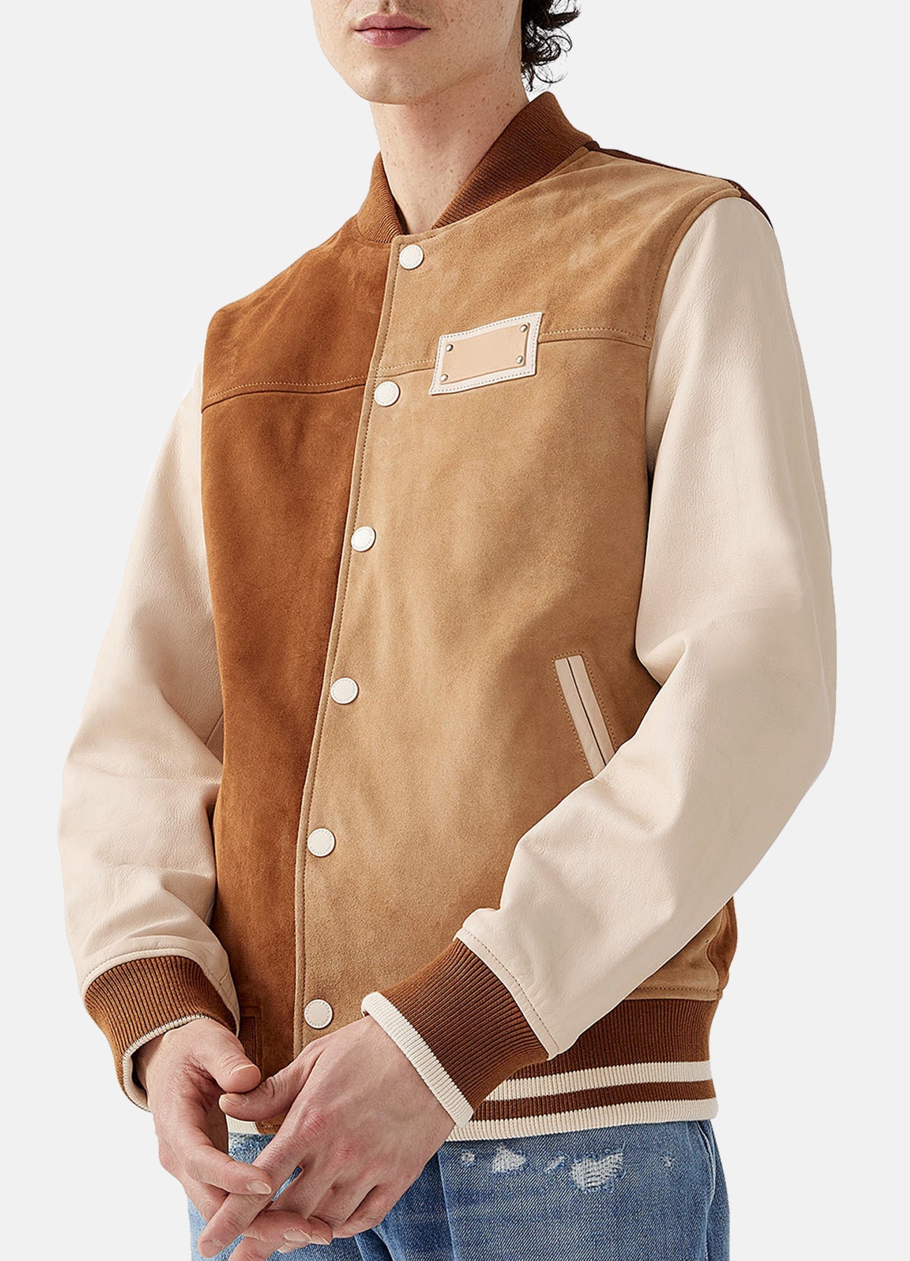 Mens Tan and Beige Suede Varsity Jacket