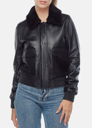 Womens Jet Black Bomber Leather Jacket