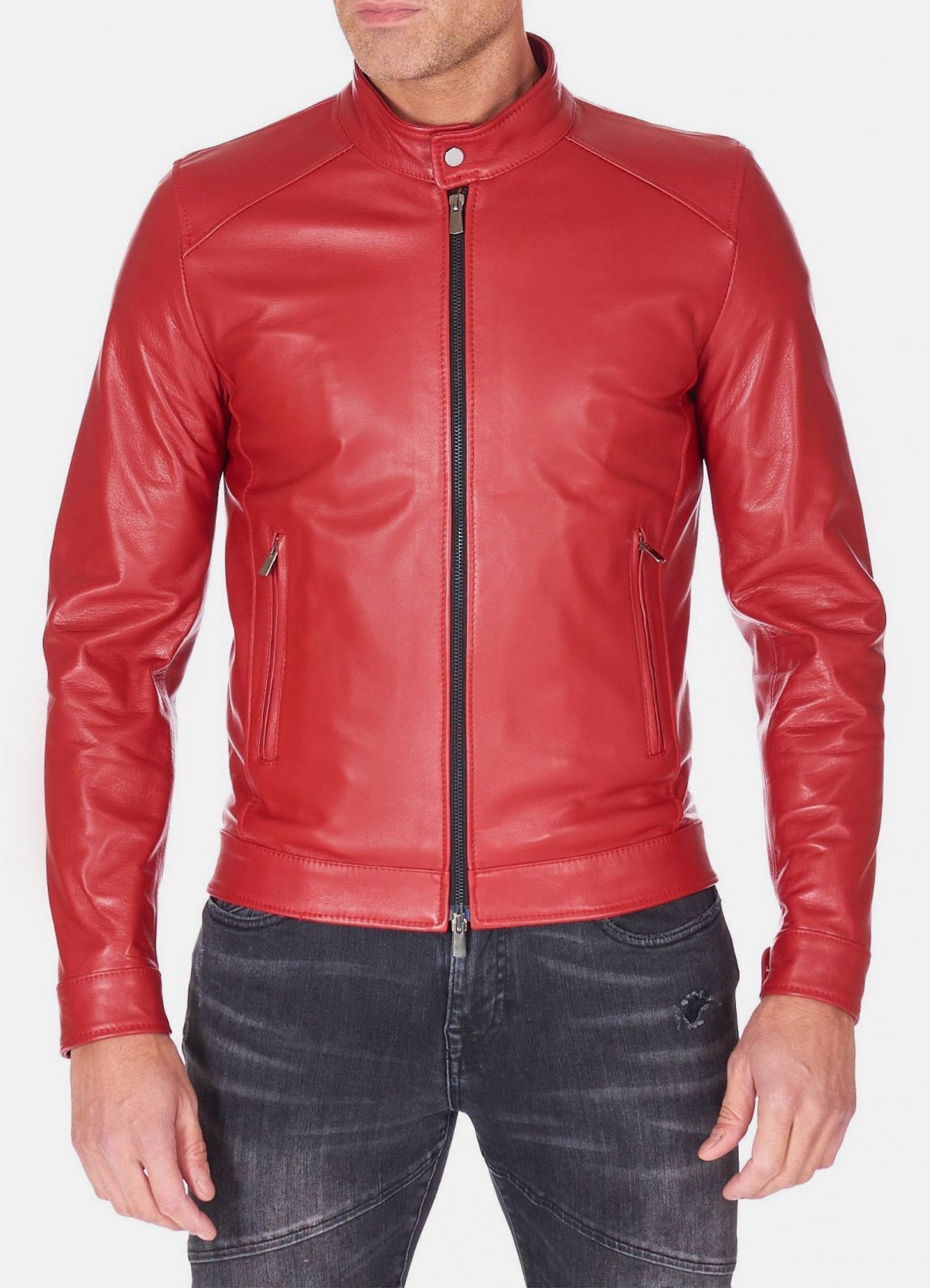 Mens Premium Red Biker Leather Jacket