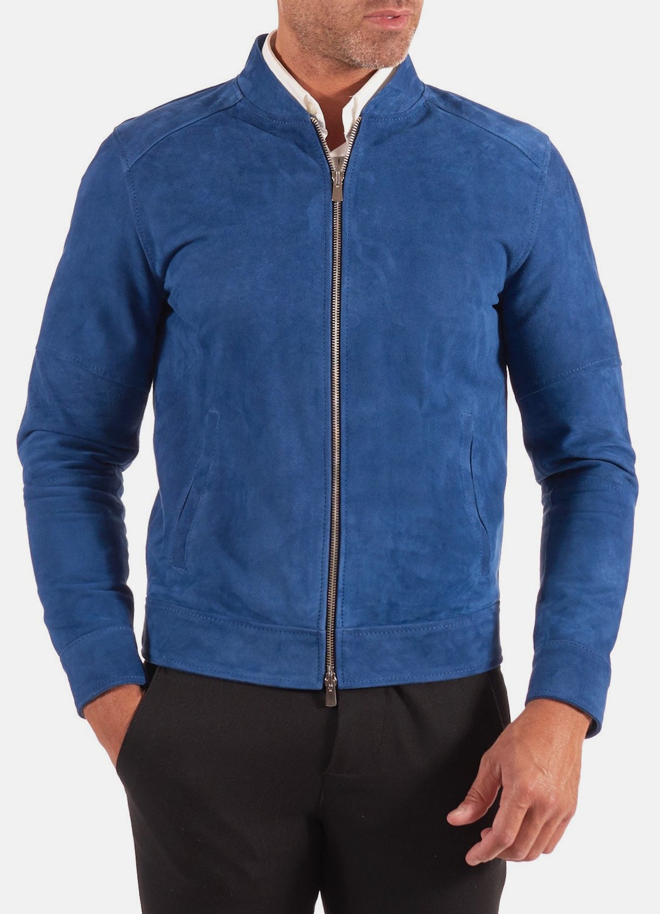 Mens Classic Blue Suede Leather Jacket