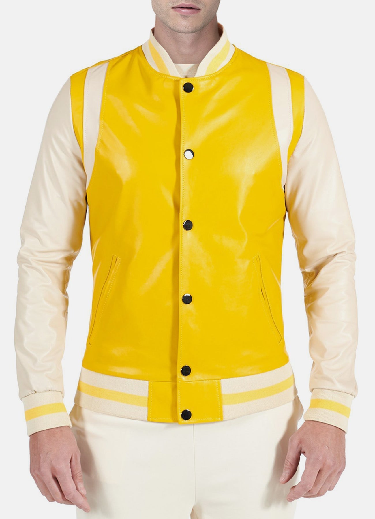 Mens Yellow Beige Leather Varsity Jacket