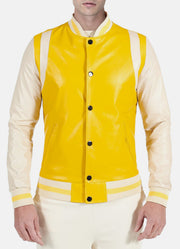 Mens Yellow Beige Leather Varsity Jacket