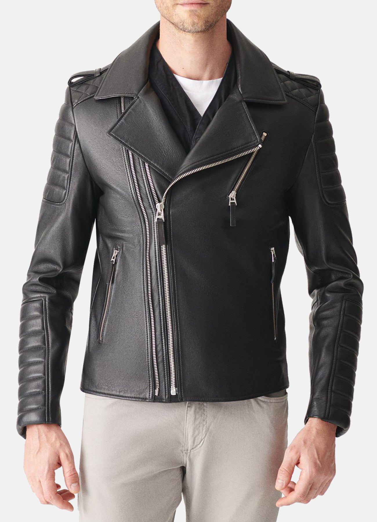 Mens Quilted Charcoal Black Biker Leather Jacket