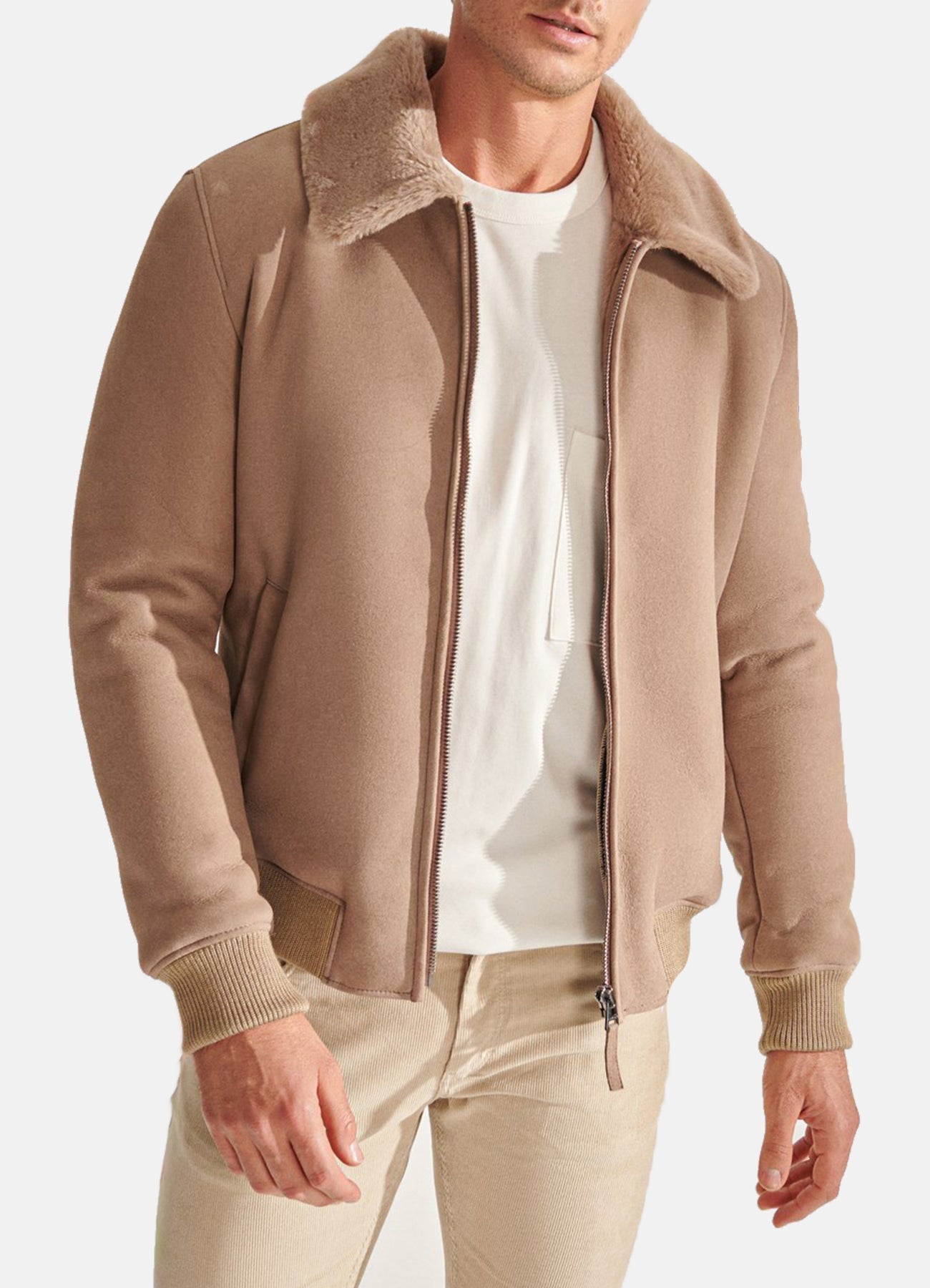 Mens Beige Sports Shearling Leather Jacket