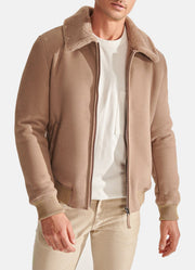 Mens Beige Sports Shearling Leather Jacket