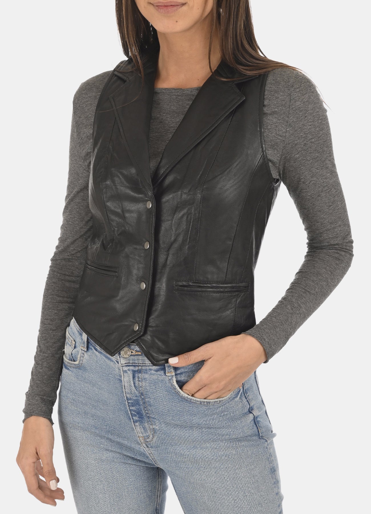 Womens Charcoal Black Leather Vest