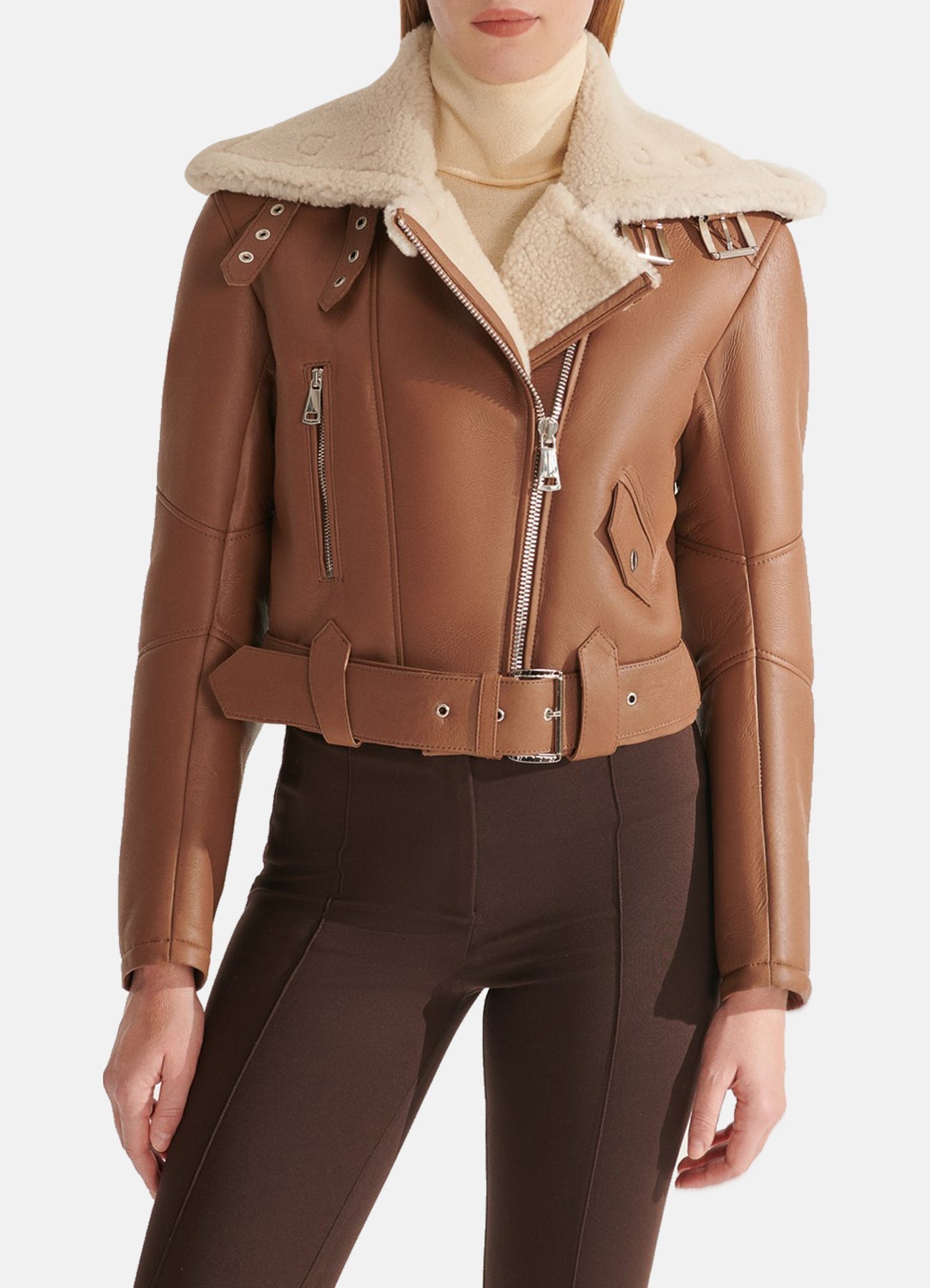 Womens Short Length Tan Shearling Leather Jacket