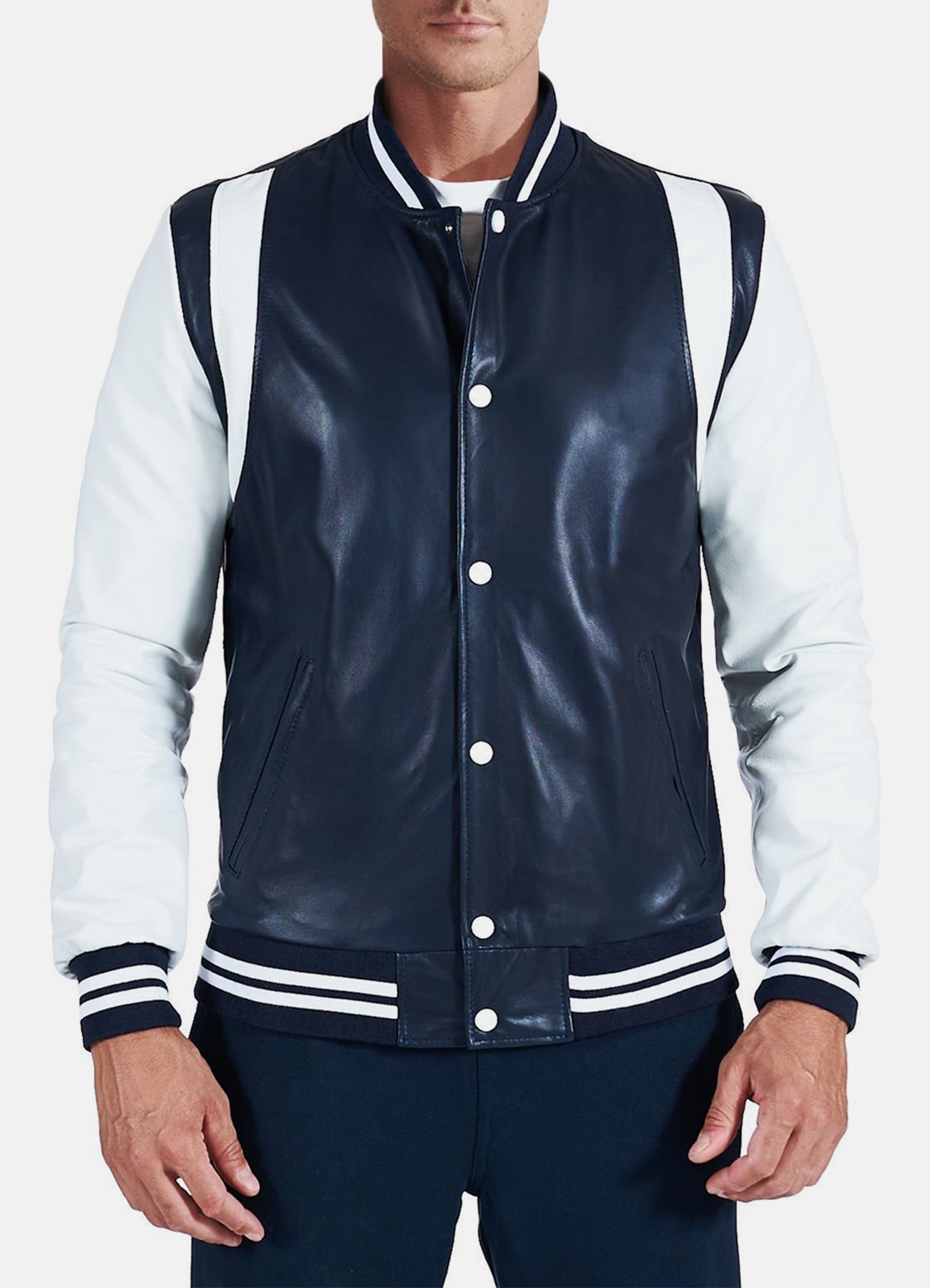 Mens Dark Blue and White Varsity Jacket