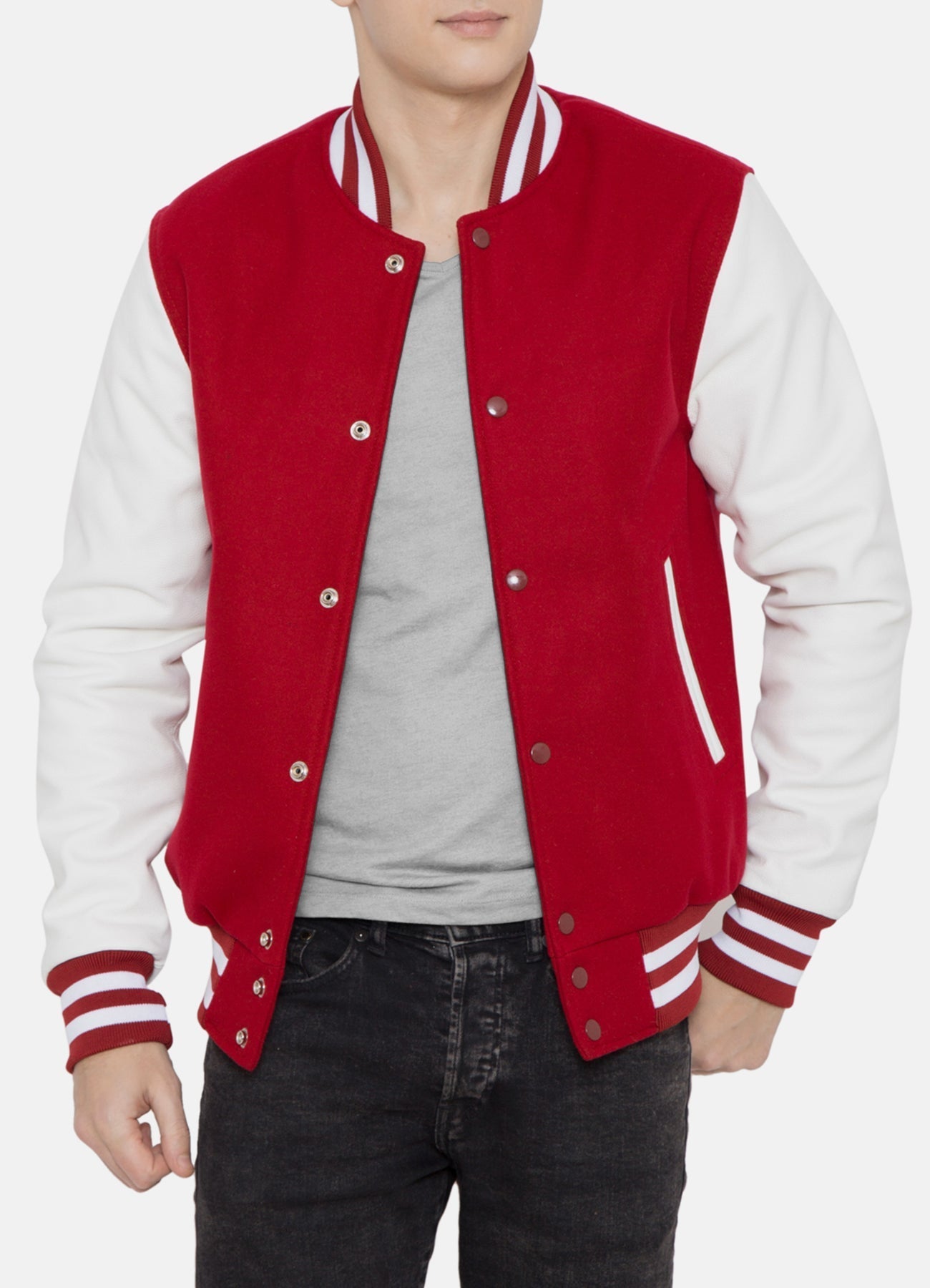 Mens Casual Red and White Varsity Jacket