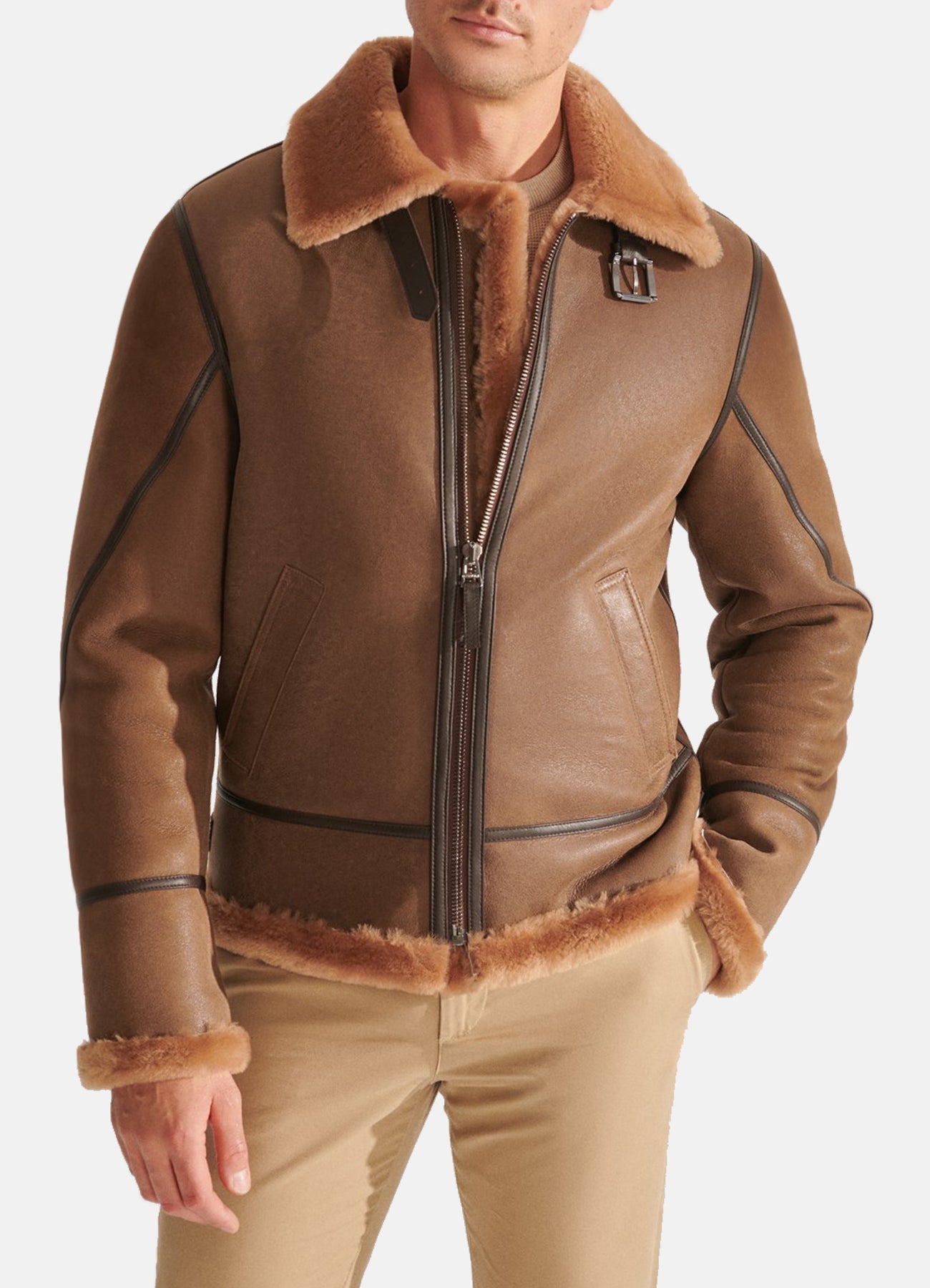 Mens Camel Brown Vintage Shearling Leather Jacket