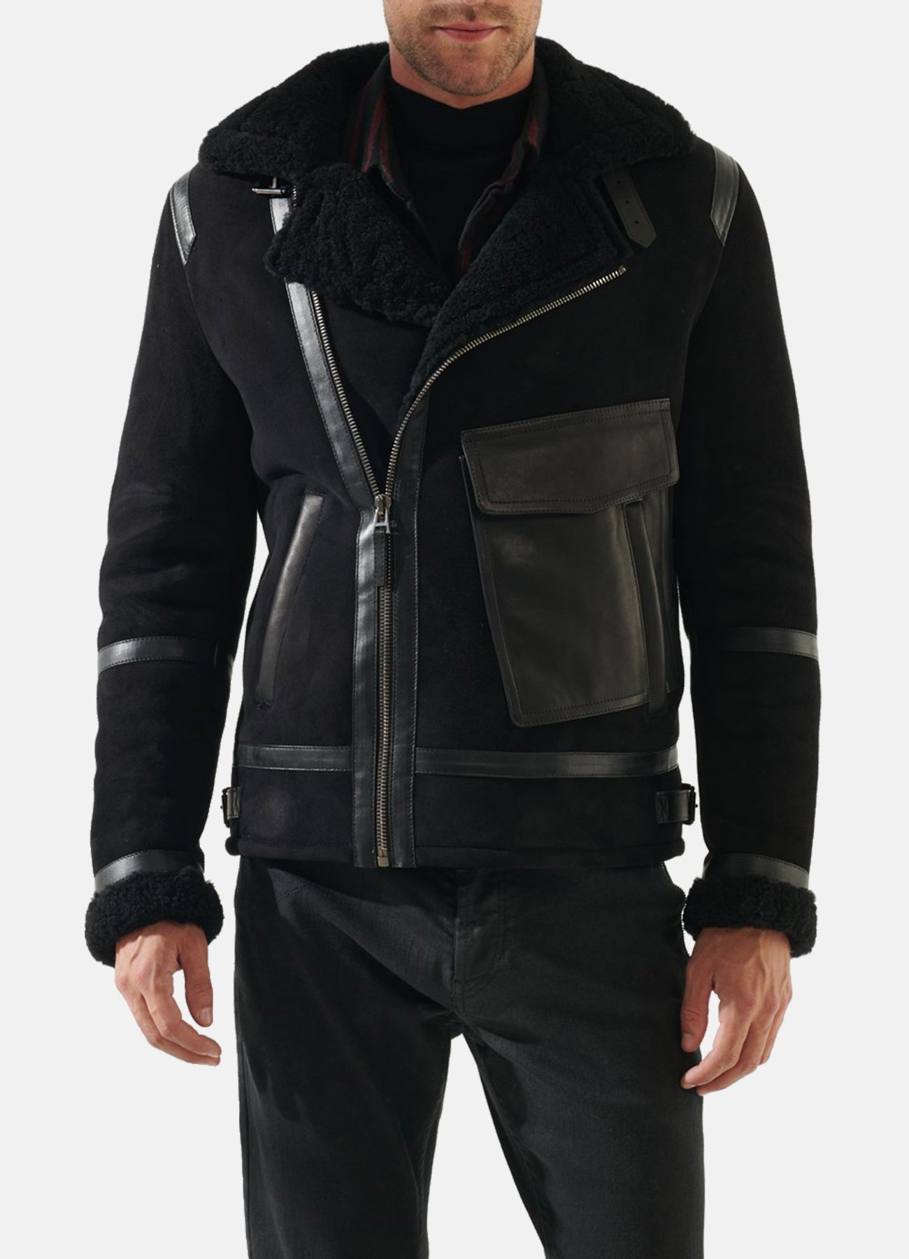 Mens Deep Black Shearling Leather Jacket