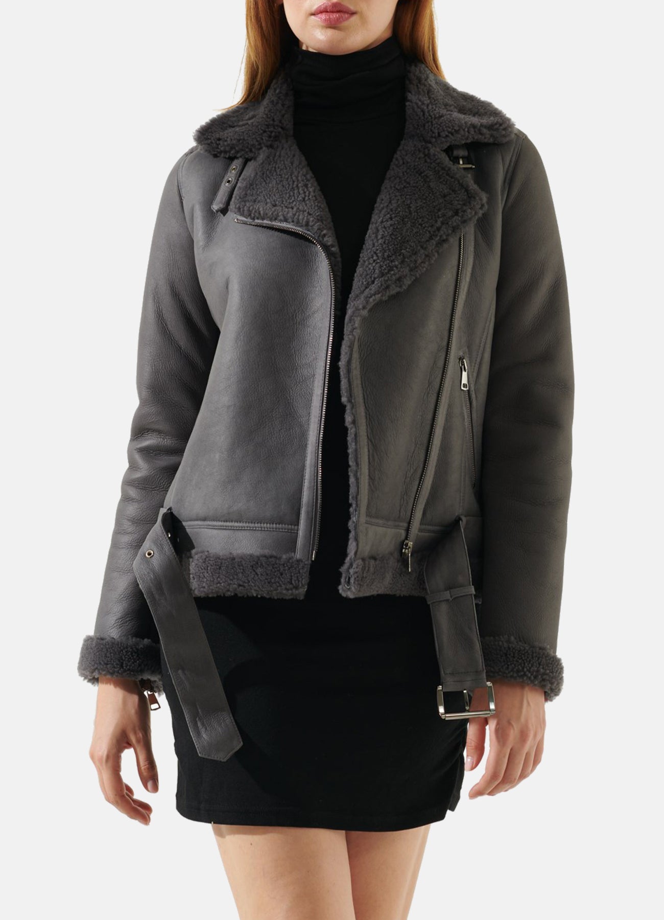 Womens Vintage Grey Shearling Leather Jacket