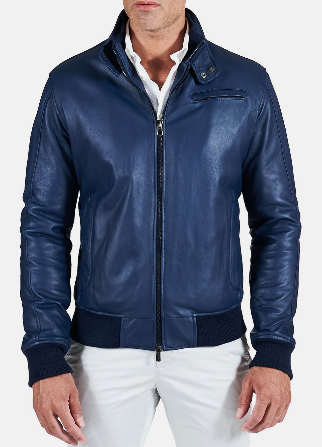 Mens Shiny Blue Bomber Leather Jacket