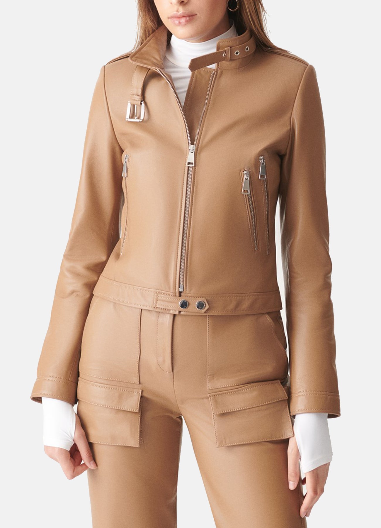 Womens Tan Sports Biker Leather Jacket