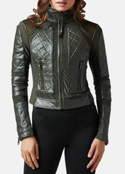 Womens Olive Green Biker Leather Jacket