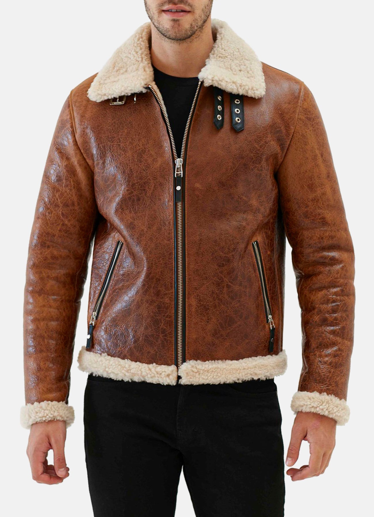 Mens Distressed Brown Shearling Leather Jacket