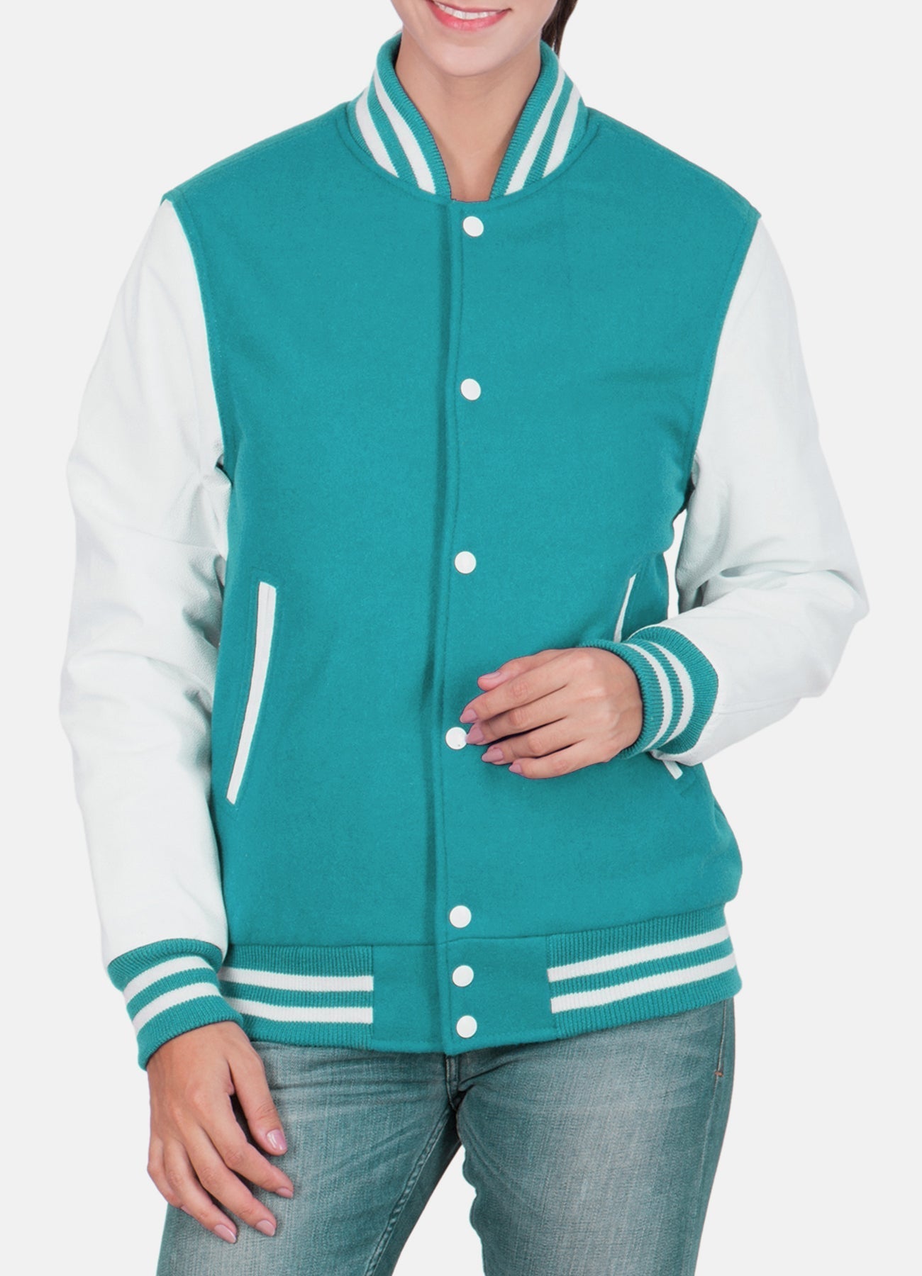 Womens Cyan and White Varsity Jacket