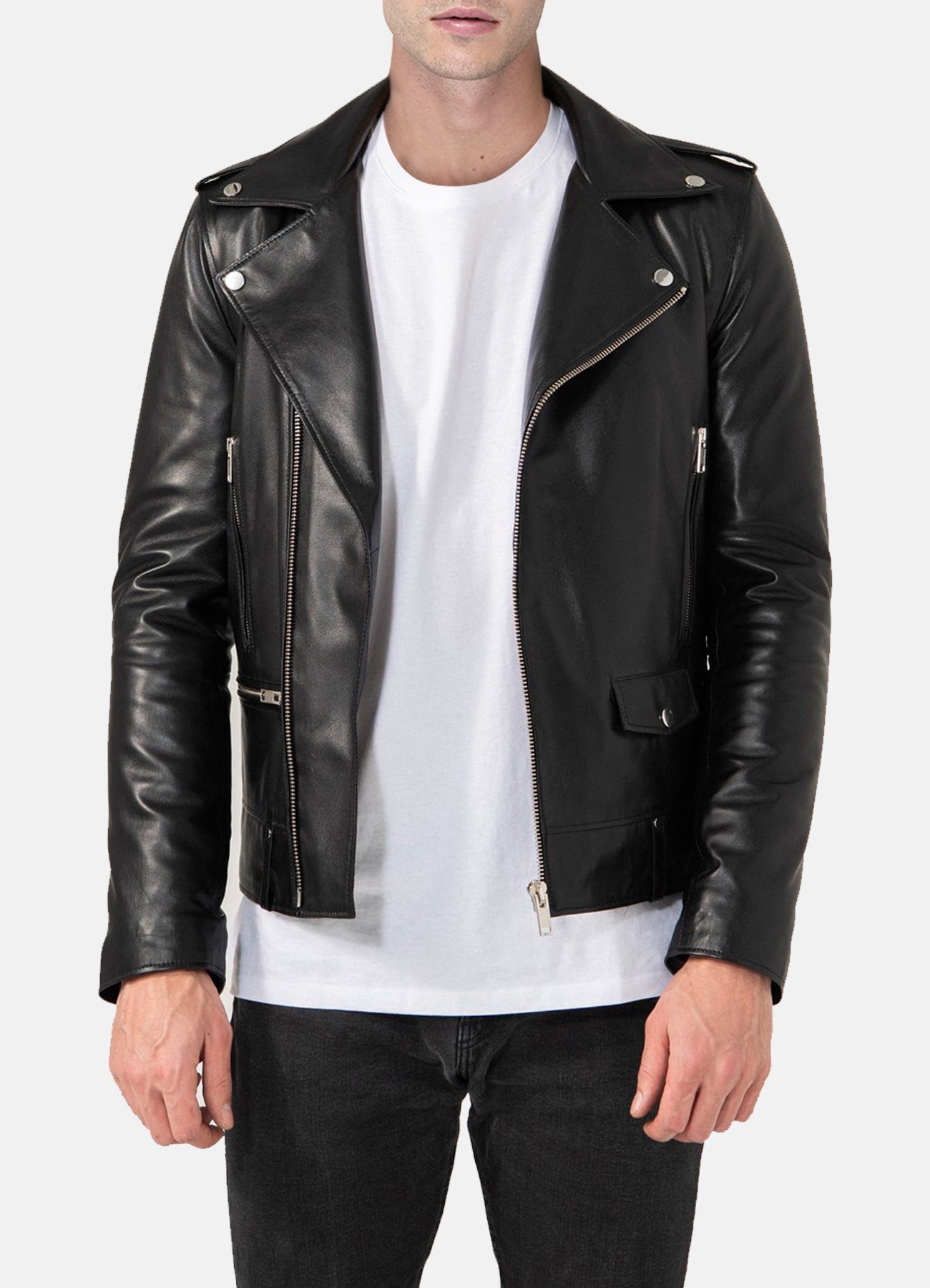 Mens Shiny Black Biker Leather Jacket