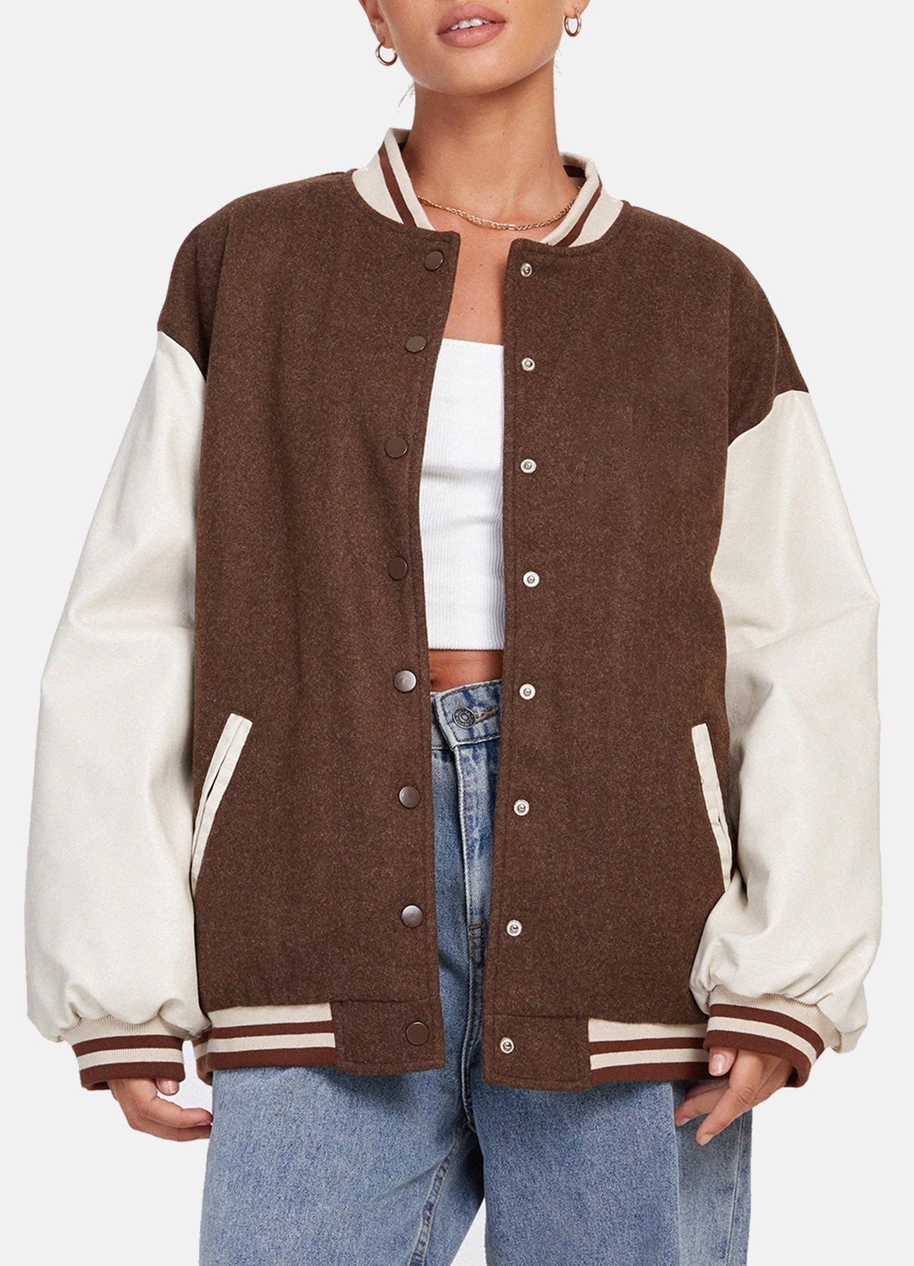 Womens Brown and White Oversized Varsity Jacket