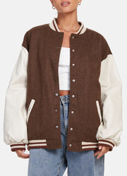 Womens Brown and White Oversized Varsity Jacket