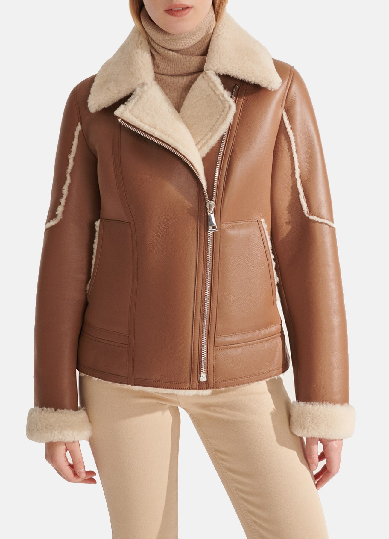 Womens TAN Sports Shearling Leather Jacket