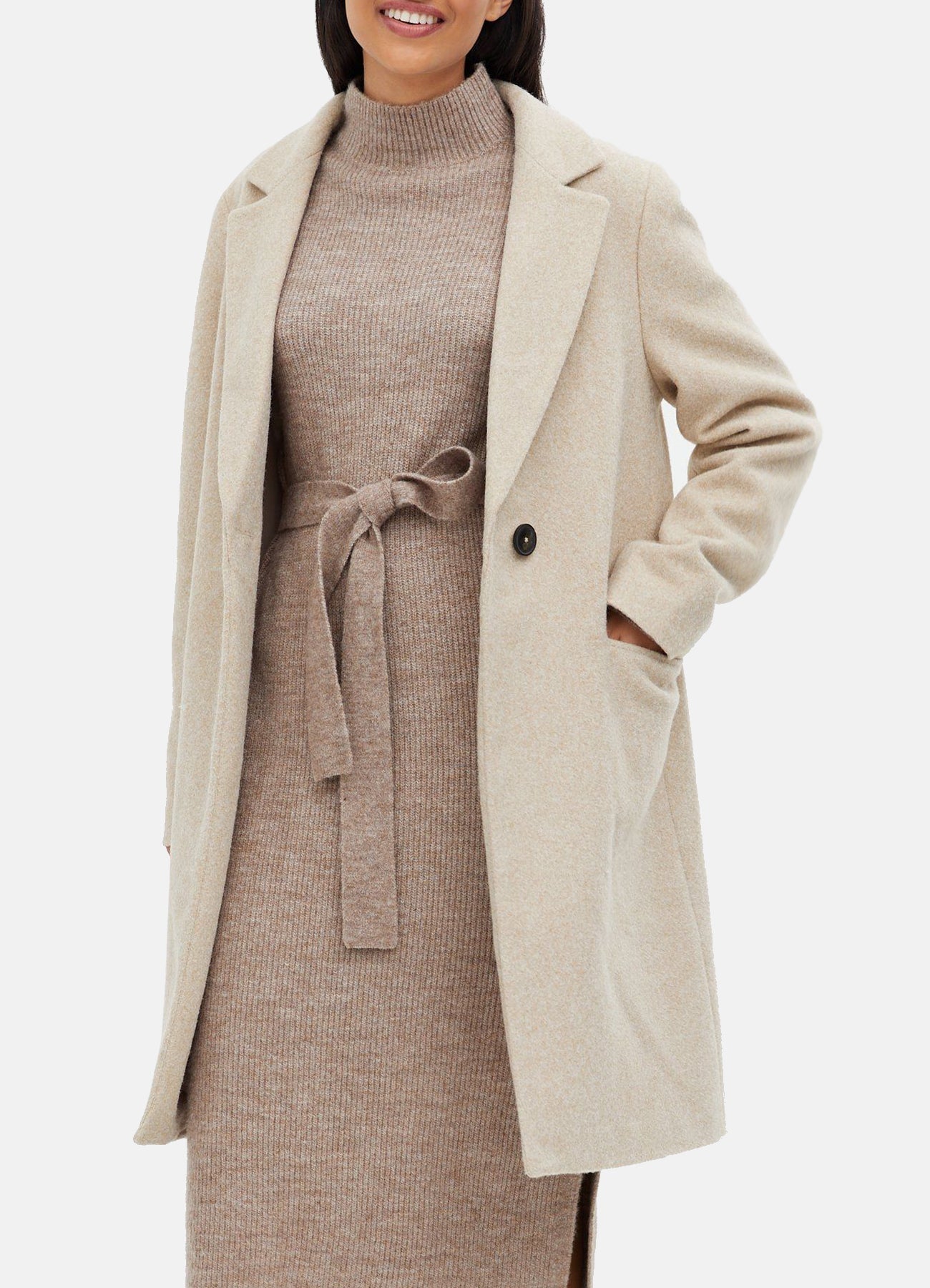 Womens Off White Wool Long Coat