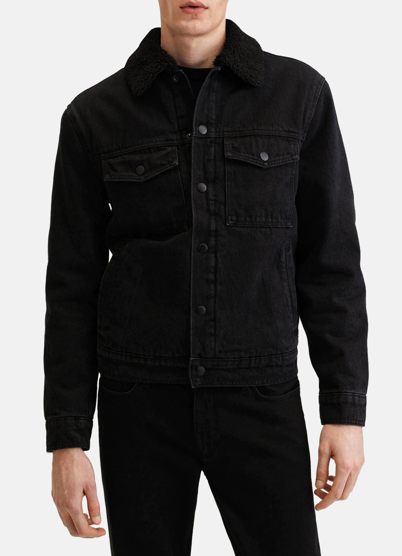 Mens Deep Black Denim Shearling Jacket